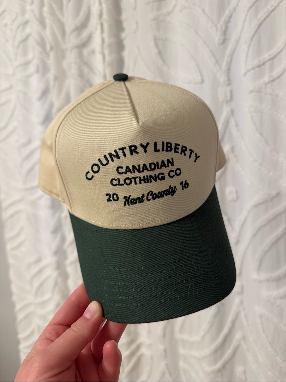 Country Liberty Two-Tone Trucker Hat in Cream & Dark Green